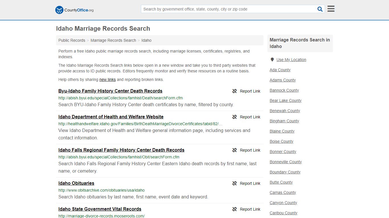 Idaho Marriage Records Search - County Office